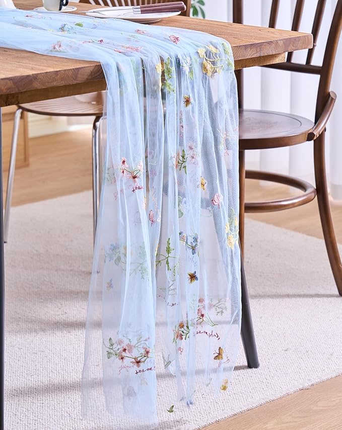 vctops 2 Packs Embroidery Lace Spring Table Runner 10ft Floral Garden Seasonal Tulle Table Runner Holiday Kitchen Dining Table Decoration for Wedding Party Baby Shower Birthday (Blue,30"x120")