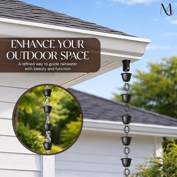 Monarch Rain Chains for Gutters Aluminum – 8.5 ft Hammered Black Rain Chain for Outside, Decorative Heavy Duty Gutter Catcher Downspout Replacement, Modern Durable Hanging Gutter Chain for Outdoor