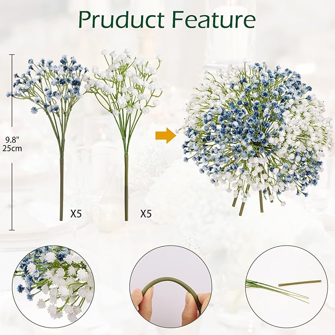 Baby's Breath Artificial Flowers Bulk 10 Pack (30pcs) Faux Baby Breath Plastic Flower Fake Gypsophila Flower Arrangement for Crafts Fake Flowers Bouquet for Wedding Centerpieces Mix Baby Breath