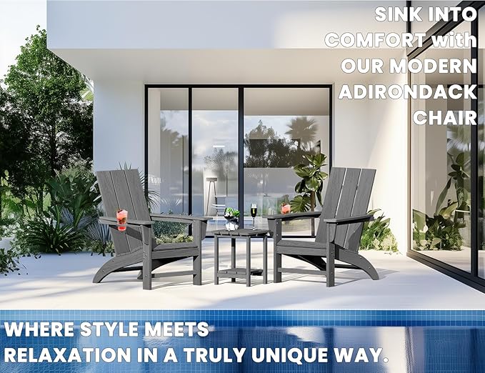 Modern Adirondack Chair with Cup Holder, HDPE Plastic Patio Chairs for All Weather, Fire Pit Chair, Outdoor Lawn Chairs for Deck, Porch, Backyard, Garden, Slate Gray