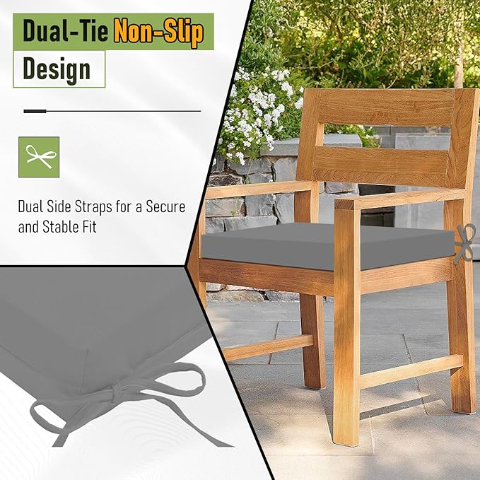 Basic Beyond Outdoor Chair Cushions Set of 4, Square Corner Outdoor Cushions for Patio Furniture, Water Resistant Patio Chair Cushions with 2 Ties, 18.5x16x3, Light Grey