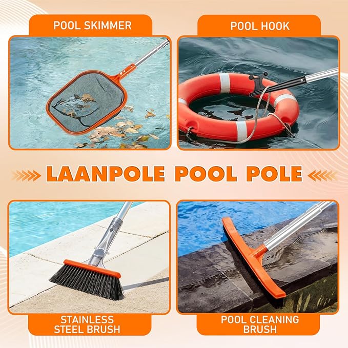LAANPOLE Telescopic Pool Pole, 12ft Heavy Duty Swimming Pool Pole, Adjustable Pool Cleaning Pole for Skimmer Nets, Vacuum Heads and Brushes