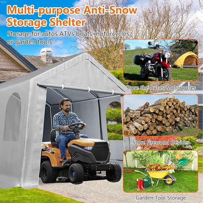 GarveeLife Carport Canopy, 10x20 ft Heavy Duty Carport Waterproof, Portable Garage with Removable Sidewalls & Doors Car Canopy with All-Season Tarp for Motorcycle, Bike, Garden Tools, Grey