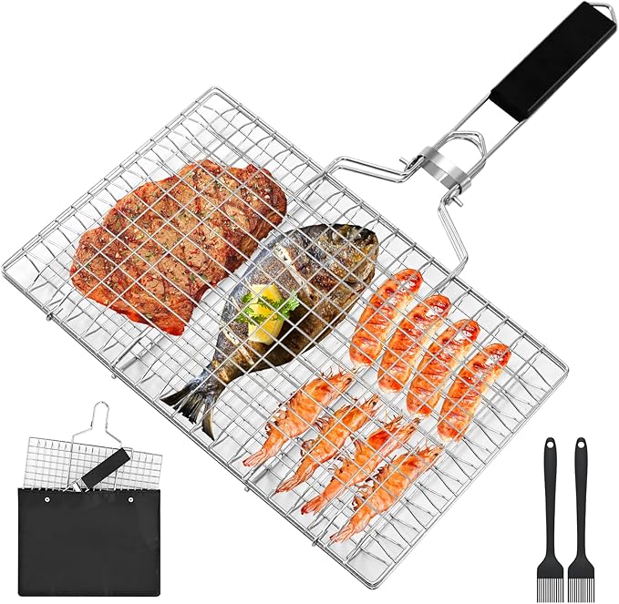 Fish Grill Baskets，Folding Portable Fish Grilling Rack For Grill, BBQ Grilling Basket, Stainless Steel Grill Basket For Veggies, Shrimp, Meat Cook，Come With Storage Bag and Two Basting Brush
