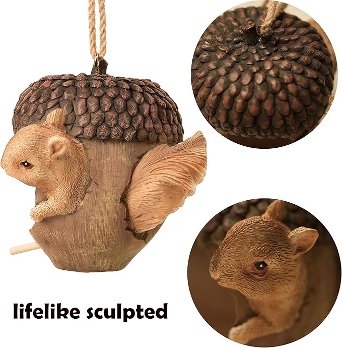 Hanging Bird Houses for Outside, Acorn-Shaped Resin Birdhouse with Squirrel Design for Outdoors Decorative Birdhouses,