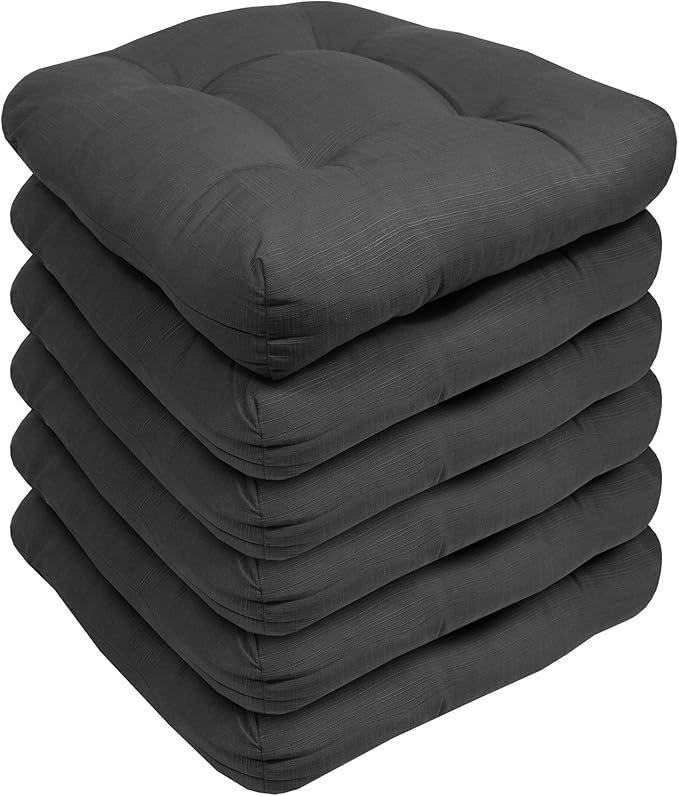 Sweet Home Collection Patio Cushions Outdoor Chair Pads Premium Comfortable Thick Fiber Fill Tufted 19" x 19" Seat Cover, 6 Pack, Charcoal
