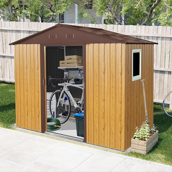 KEIKI 8x4 FT Outdoor Metal Storage Shed with Peaked Roof,4 Air Vents,Window and Metal Foundation for Garden Yard Lawn