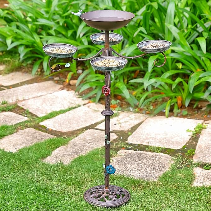 46”H Bird Bath and Feeder for Outdoors - Metal 5-in-1 Freestanding Bird Feeder for Outside, Cast Iron Pedestal 3 Prong Stake for Garden Patio Yard