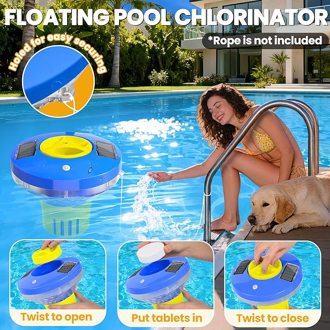 AquClor 2026 New Pool Chlorine Floater,Large Capacity Chlorine Floaters for 5 * 3'' Chlorine Tabs,Solar Chlorine Floater w/Light,Adjustable Floating Chlorine Dispenser for Pool,Hot Tub,Yellow