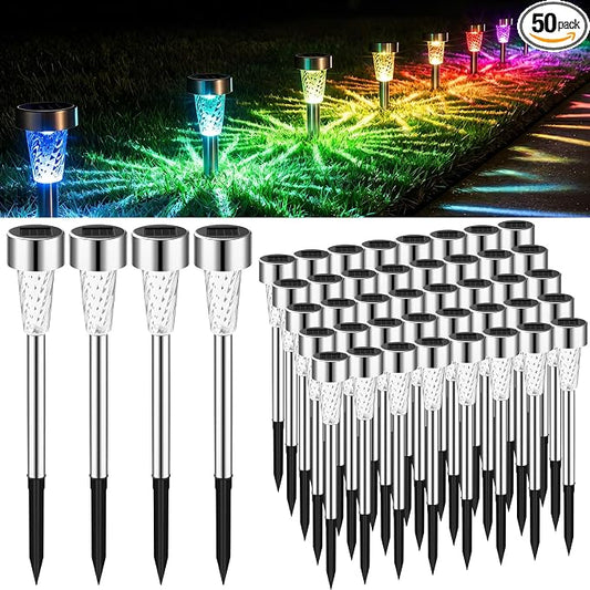 Huquary 50 Pcs Solar Lights Outdoor Waterproof Bulk LED Stainless Steel Solar Outdoor Pathway Garden Landscape Path Lights for Pathway Lawn Porch Garden Walkway Driveway Outside Decor(Multicolor)