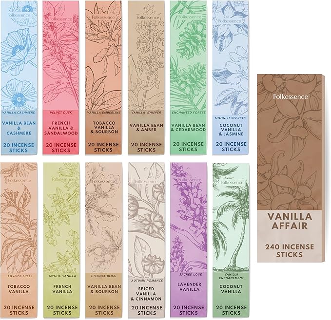 Folkulture Incense Sticks (240 Sticks) | Set of 12 Premium Incense Sticks Variety Pack Aromatherapy Gifts | No Charcoal, Organic, Non Toxic, 45 Mins, Long Burning Palo Santo, Vanilla Insence-Sticks