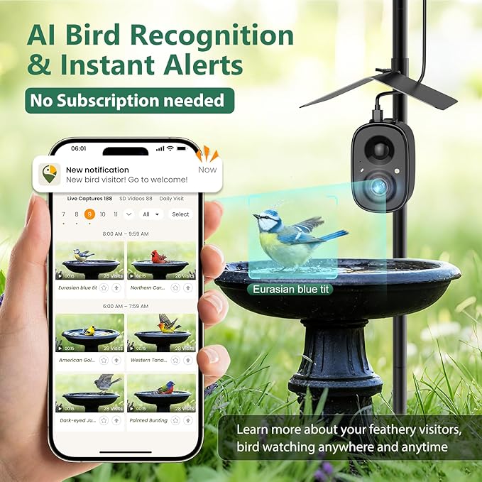 Smart Bird Feeder Camera Solar Powered with Pole, 2.5K HD Birdwatching Live Video Auto Capture, AI Identification & Instant Notification, Wireless Bird House/Bath Cam Outdoor, Gift for Bird Lovers