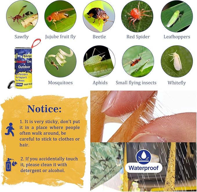16 Pack Fly Traps Strips Indoor Outdoor, Flies Paper Sticky Hanging with Pins, Fruit Fly Tape Ribbon Roll for Home, Bug & Gnat Catchers for Inside, House Fly Killer for Winged Insect, Mosquito