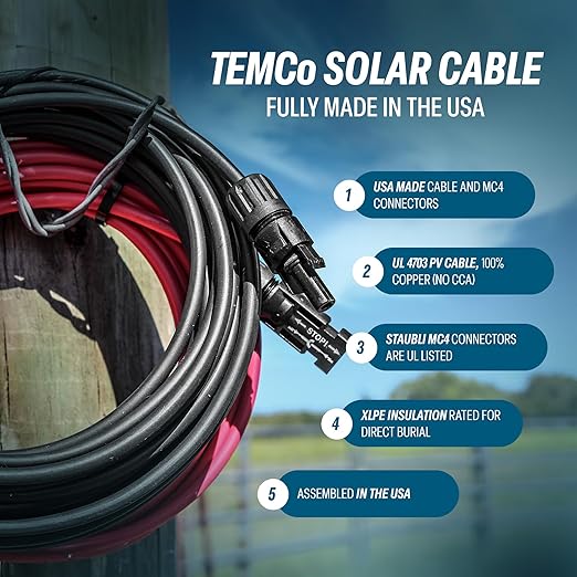 TEMCo Solar Panel Extension Cable 10 AWG 80 Ft Red + 80 Ft Black w/Staubli MC4 Connectors
