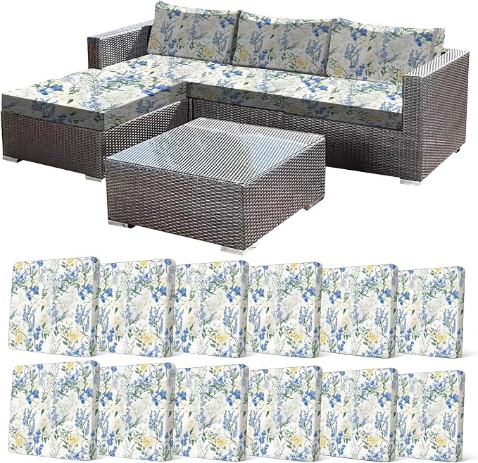 CALBODE 12 Pcs Stretch Outdoor Seat Cushion Covers, Washable Chair Seat Cover for Patio Furniture Cushions Soft Indoor and Outdoor Couch Cover Replacement (Bluebell, Cover Only)