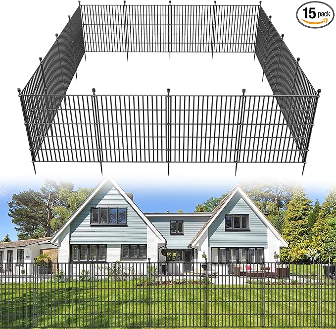 15 Panels No Dig Decorative Outdoor Garden Fence for Yard, 32 in(H) X 35.4 ft(L) Animal Barrier Fencing Rustproof Metal Wire Panel Border for Dog, Rabbits, and Patio Temporary Ground Stakes