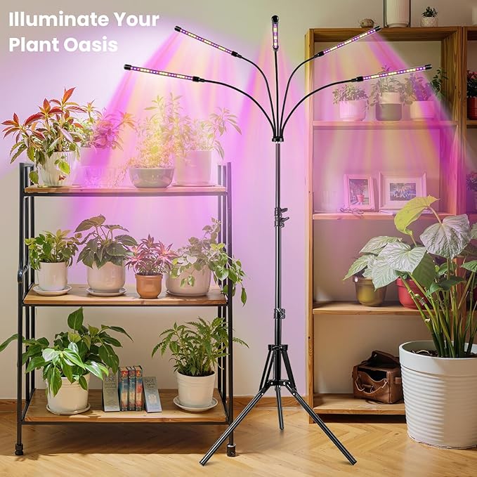 Garpsen LED Grow Light, 5 Head Full Spectrum Plant Light with Gooseneck, 3 Light Modes & 5 Levels Dimmable, 100 LEDs Grow Lamp with 15~63''Adjustable Tripod Stand, for Indoor Plants(2Pack)