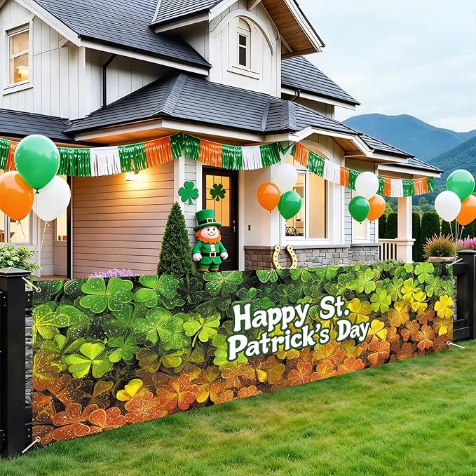 Happy St. Patrick’s Day Fence Banner 118 x 35 Inch, Large Waterproof Outdoor Shamrock Clover Banner for Yard Porch Fence Irish Party Decorations