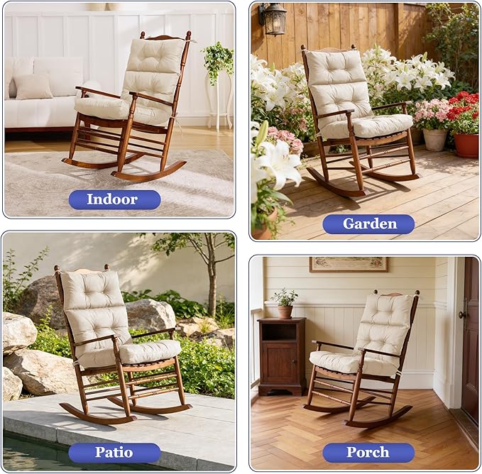 Rocking Chair Cushion, Waterproof and Fade-Resistant Adirondack Rocker Cushions, Indoor/Outdoor Rocking Chair Pads, High Back Memory Foam Patio Furniture Cushions with Ties, 44x23x4 Inch, Beige