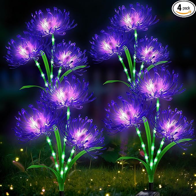Solar Lights Outdoor, 4 Pack Purple Lights - Purple Flower Garden Decorative with Glowing Stems, Waterproof IP65 Yard Spider Lily Lights for Pathway Lawn Patio, Garden Gifts for Women Mom Grandma