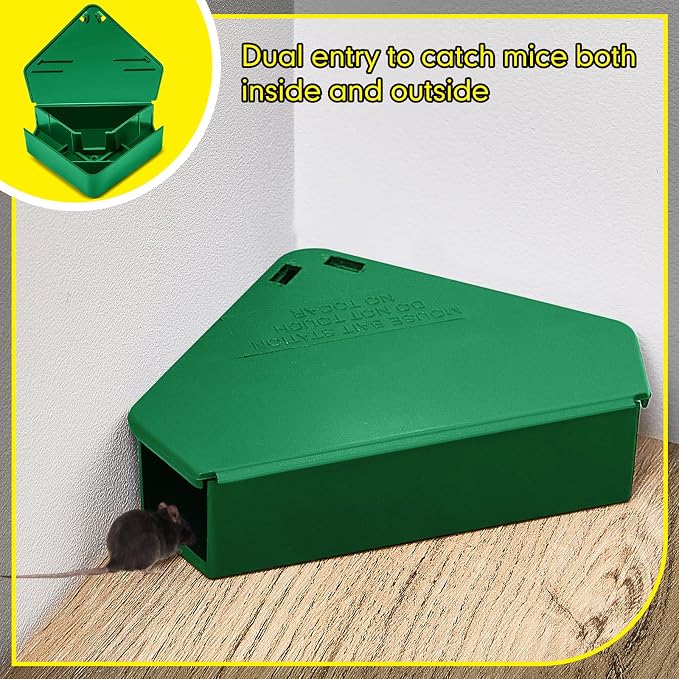 Qualirey 24 Pcs Mice Station with Key Triangle Mouse Station Lockable Reusable Bait Box, Enclosed Design for Indoor and Outdoor Use, Suitable for Small Mice (Green)