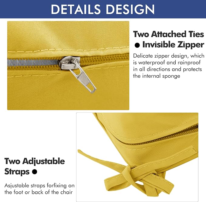 Outdoor Chair Cushions 19 x 19 Inch Water Resistant Patio Chair Cushions with Tie Color Fastness Thick Outdoor Seat Cushion for Garden Lawn Patio Furniture Yellow Set of 2