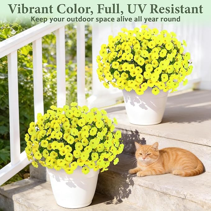 Yastouay Artificial Flowers for Outdoors, 26 Bundles Fake Outdoor Flowers, UV Resistant Artificial Plants & Flowers for Decoration, Yellow Realistic Morning Glory for Outdoor Porch Garden Decoration