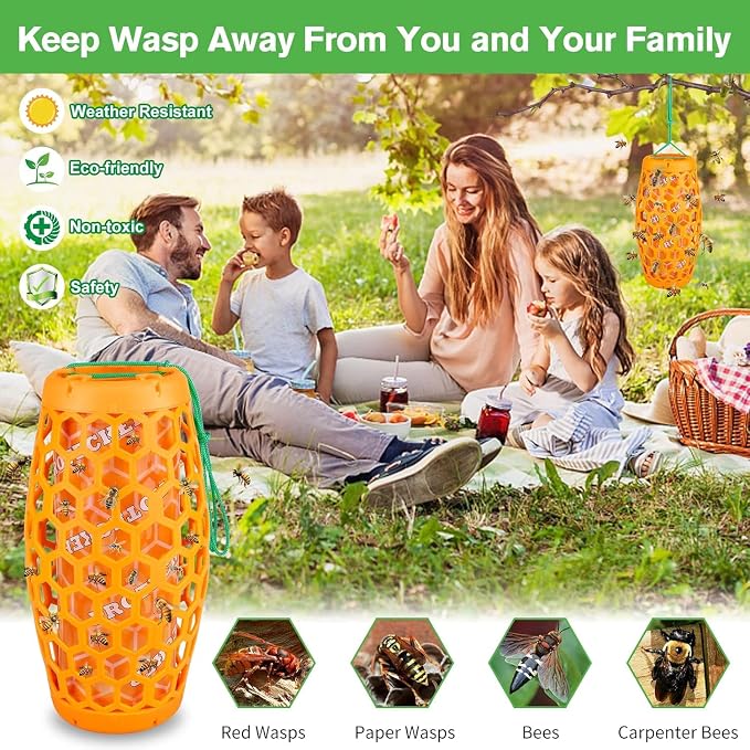 Wasp Trap Bee Catcher - Outdoor Hanging Carpenter Bee Traps with 4 Sticky Boards, Non-Toxic Reusable Hornet & Yellow Jacket Trap, 2 Pack (Orange)