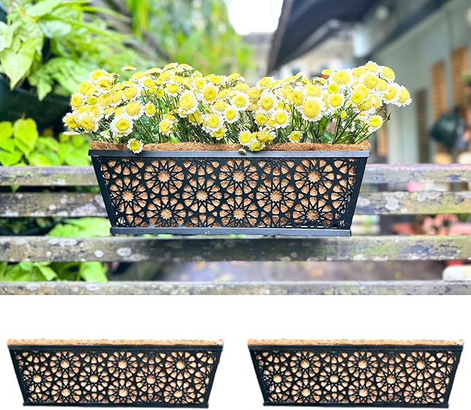 LaLaGreen Window Planter Boxes Outdoor (16 Inch, 2 Pack) Black Metal Wall Hanging Planters for Plants, Deck Railing Flower Box with Coco Liners, Trendy Horse Troughs Balcony Pots Patio Porch Over Rail