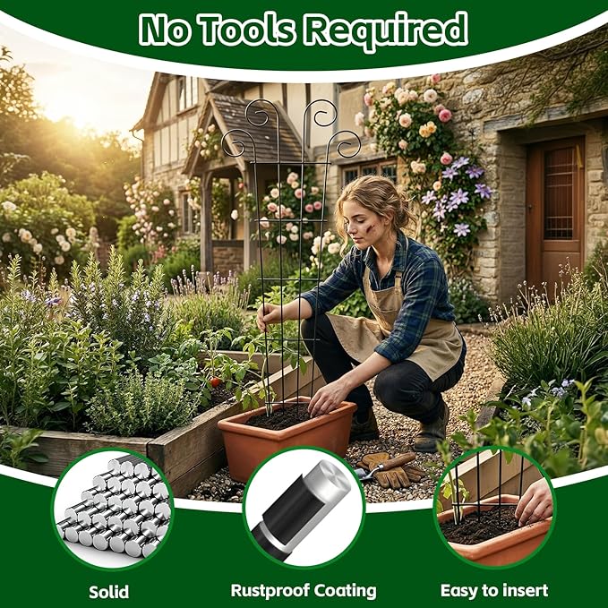 Thealyn 4 Pack 56 Inch Plant Trellis for Potted Plants, Metal Garden Trellis for Climbing Plants, Indoor Outdoor Decorative Vine Support for Pots, Wave Shape, Black