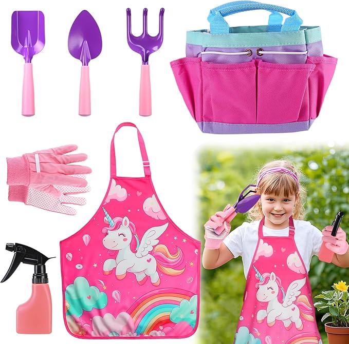 Kids Gardening Tool Set - Garden Tools for Kids with Shovel Trowel Rake Apron Gloves Watering Can and Tote Bag, Outdoor Toys Great Gifts for 3 4 5 6 7 8+ Years Old Girls (Unicorn Style)