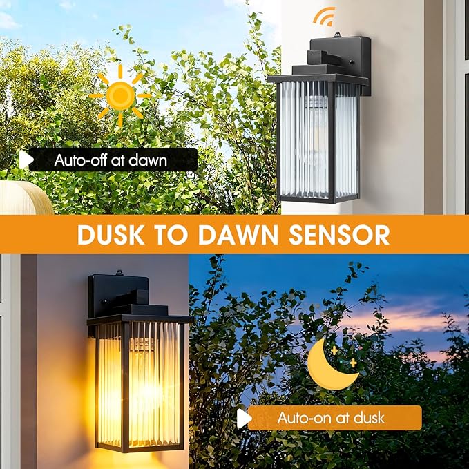 13 Inch Matte Black Outdoor Wall Light, Dusk to Dawn Waterproof Exterior Light Fixture for Porch, Front Door or Garage