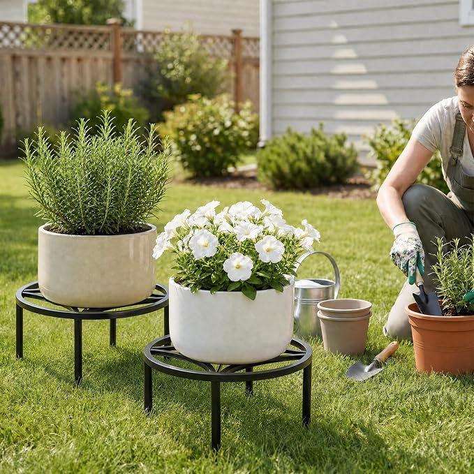 TOSKING 2-Pack Fully Assembled Heavy Duty Metal Plant Stand, Geometric Flower Pot Holder for Heavy Potted Plant, Rustproof Iron Plant Riser with Adjustable Feet, 220 LBS Capacity, No Installation Required, Black (13.4"Dia x 6.5"H)