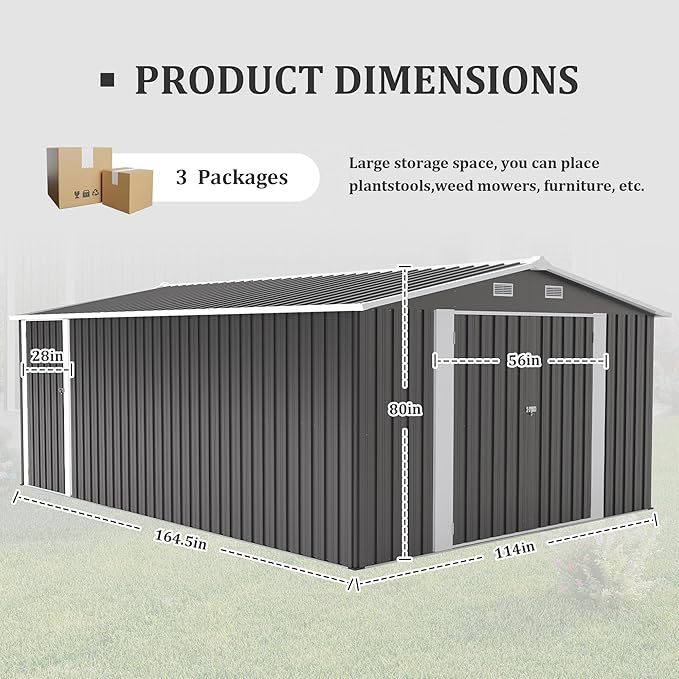 YOPTO 10x14 FT Outdoor Storage Shed, Extra Large Metal Garden Shed with Waterproof Roof, 4 Vents and 3 Lockable Doors,All-Weather Tool Shed Storage House for Backyard, Patio, Lawn,Dark Grey