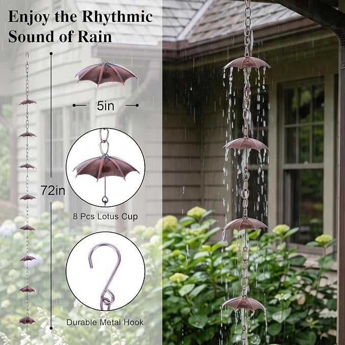 Topadorn Umbrella Rain Chain, 72" Decorative Metal Gutter Downspout, Weatherproof Water Diverter for Outdoor Garden