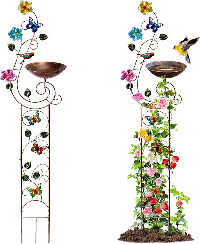 YYWMWM 57" Height Metal Bird Bath with Trellis for Outdoor, Vintage Decorative Bird Baths, Small Garden Plant Support, Antique BirdBath for Climbing Plants with Detachable Iron Bowl (Butterfly)