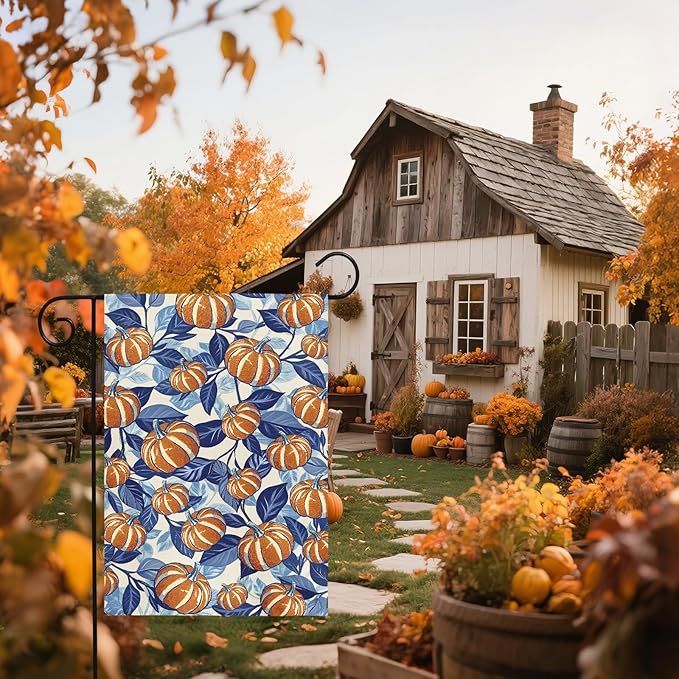 Blue Burnt Orange Fall Thanksgiving Garden Flag 12x18 Inch Autumn Pumpkin Leaf Harvest Theme Print Holiday Decorative Yard Flags for Outside Double Sided Outdoor Home Farmhouse Decoration Porch Decor