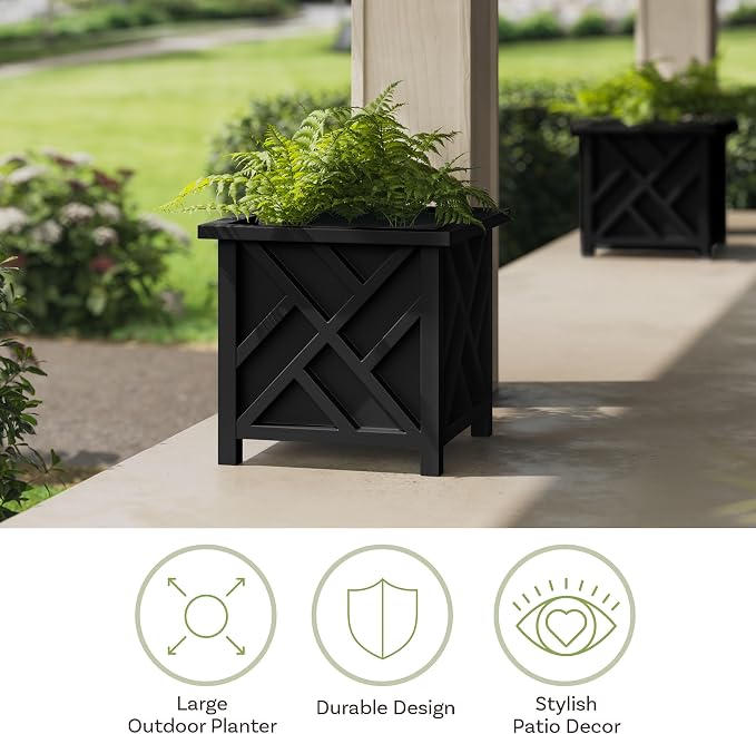 Lattice Design Outdoor Planter Box 2-Pack - 15.5” Square 16.5” Tall Black Decorative Plant Pots for Front Porch Decor - Flower Pots Outdoor Planters for Porch Patio or Garden Decor by Pure Garden
