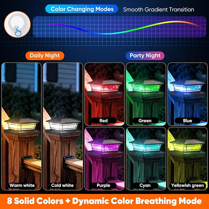Solar Post Cap Lights Outdoor with 8 RGB Solid Colors & Color Changing,Fence Post Solar Lights for Porch Patio Yard, Waterproof Deck Post Solar Lights for 4x4 5x5 6x6 Vinyl/Wooden Posts, Black