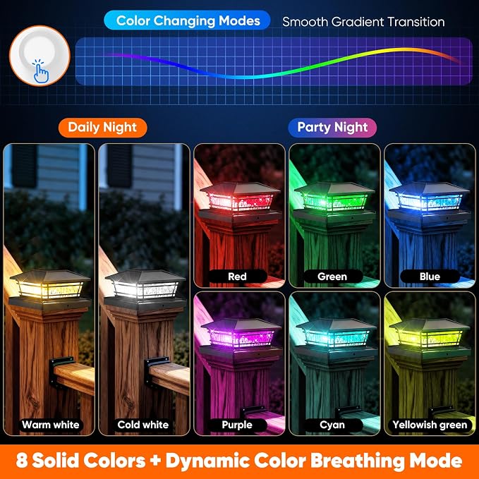 Solar Post Cap Lights with 8 RGB Solid Colors & Color Changing, 8 Pack Deck Post Lights for Patio Garden Porch, Waterproof Fence Post Solar Lights for 4x4 5x5 6x6 Vinyl/Wooden Posts, Black