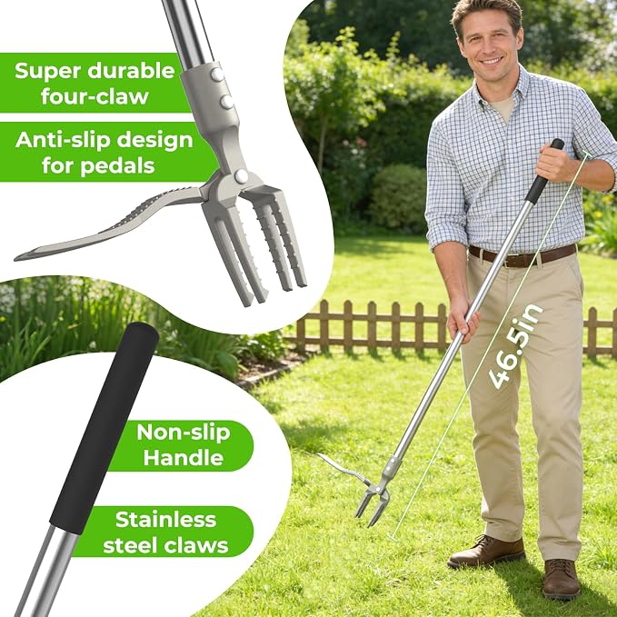 Manual Weed Puller Tool, 47" One-Piece No Assembly Stainless Steel Garden Weeder with Long Handle, Stand Up Heavy Duty Weeding Tool for Lawn Patio Yard Dandelion Root Removal Without Kneeling