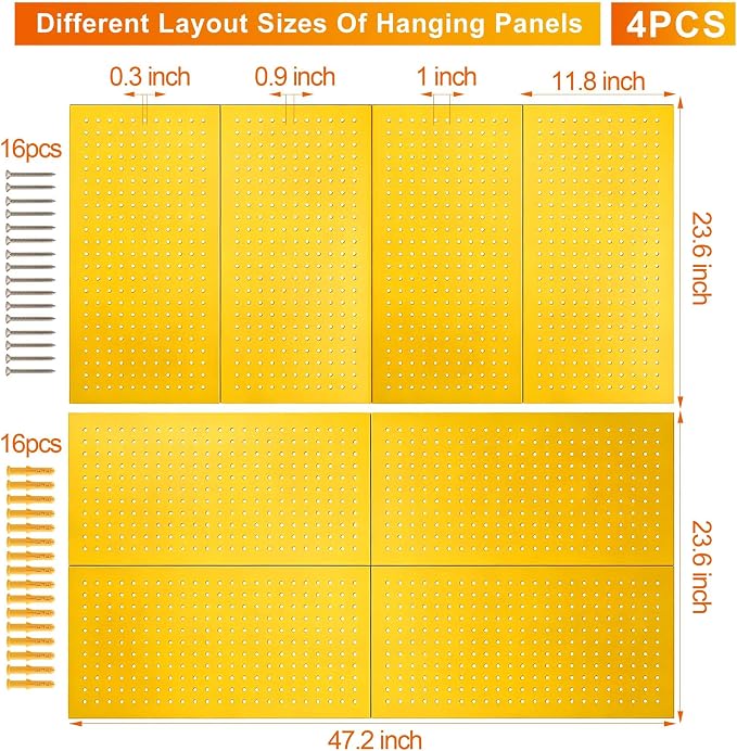 Metal Pegboard Panels, Yellow, Heavy Duty | Wall Panels, For Garage and Garden Tool Storage, Includes Drywall Anchors and Screws Kits