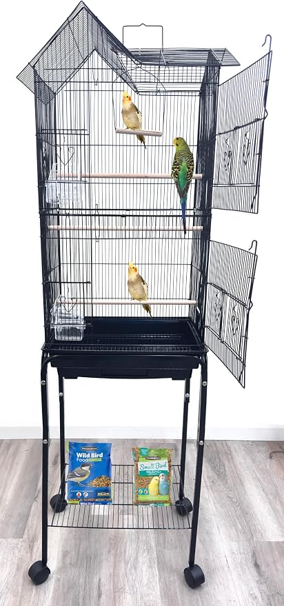 63" Roof Top Bird Flight Parrot Pet House Home Cage with Removable Rolling Stand for Cockatiel Sun Conure Parakeet Finch Budgie Lovebird Canary
