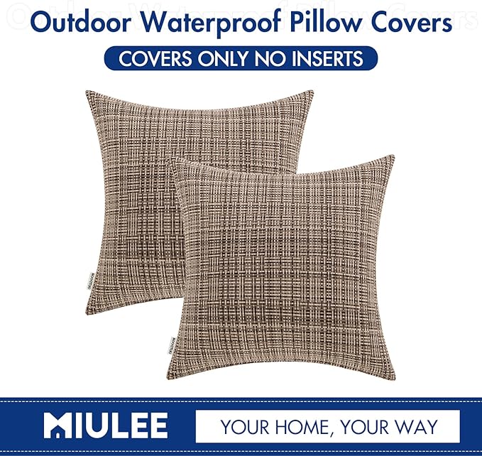 MIULEE Outdoor Waterproof Throw Pillow Covers Decorative Farmhouse Water Resistant Cushion Covers for Tent Patio Garden Couch Sofa Pack of 2, 20x20 Inch Brown