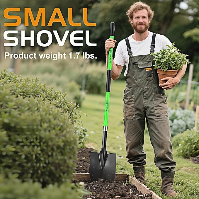 HIGHLIGHT 56-Inch Heavy Duty Round Point Garden Shovel with Non-Slip Fiberglass Handle and Sharp Blade for Deep Digging, Trenching, Landscaping, Snow, Camping and Yard Work - Green
