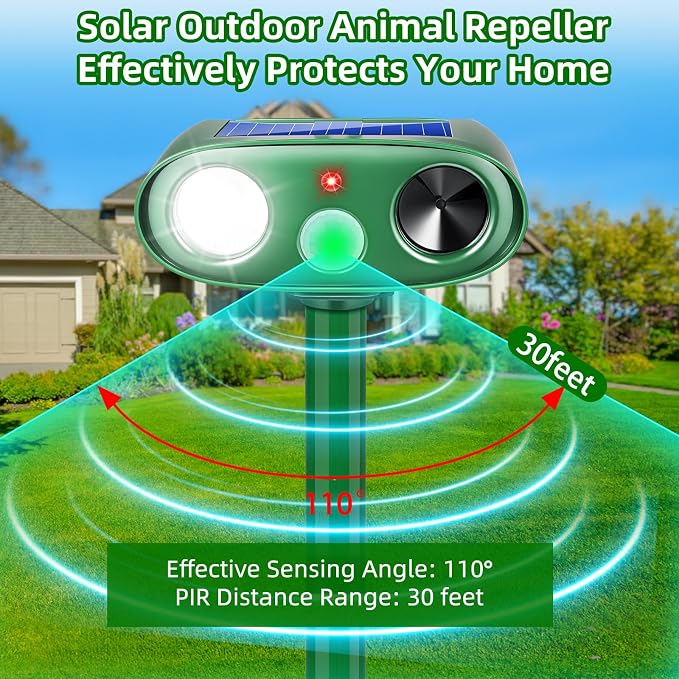 2Pack Upgraded Ultrasonic Deer Repellent for Plants Solar Animal Repellent Outdoor with Motion Sensor Strobe Light for Rabbit Cat Deterrent Raccoon Squirrel Fortress Pro Keep Pests Out of Yard Farm