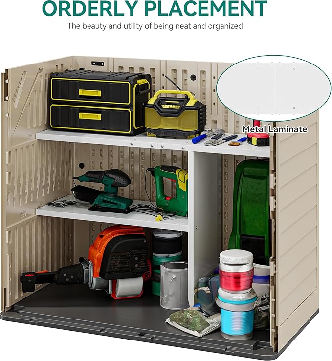 YITAHOME 30 CuFt Outdoor Storage Shed with Shelf, Horizontal Storage Cabinet for Garden Tool, Waterproof Outdoor Storage Shed for Garage, Resin Pool Storage, Easy to Assemble, Khaki & Brown
