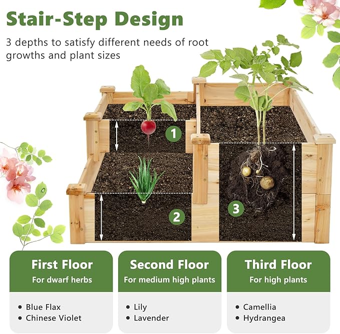 HAPPYGRILL 3-Tier Raised Garden Bed, Wood Elevated Flower Box with Open-Ended Base & Plug-in Connector, Outdoor Planter Raised Beds for Vegetables, Herbs & Fruits