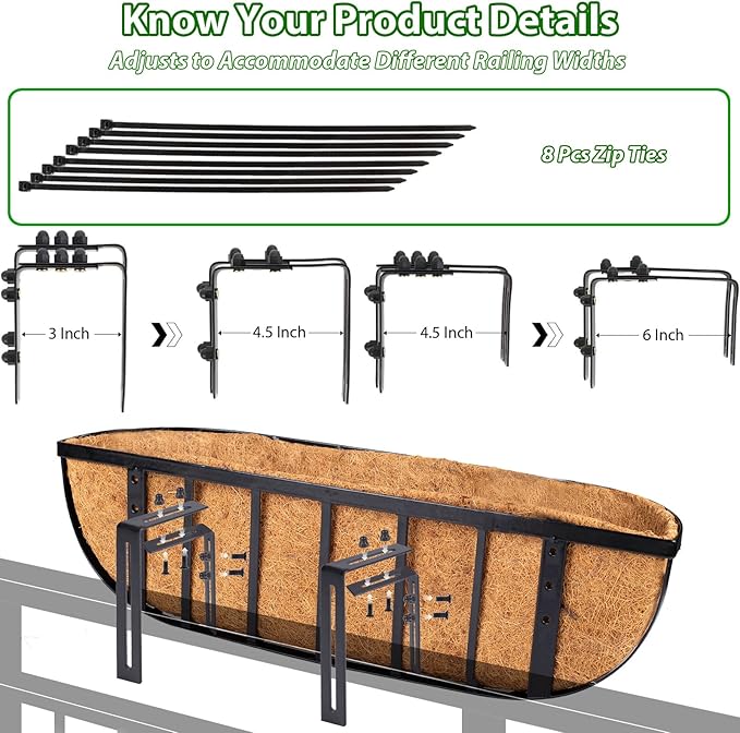 LCHUANG Railing Planter Window Box - 2 Pack 30 Inch Deck Balcony Rail Planter with Coconut Coir Liner, Fence Metal Hanging Flower Planter Basket Deck Railing Planter Boxes for Outdoor Garden