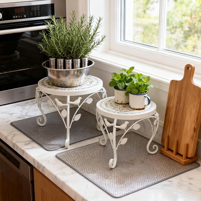 Rustic Metal Plant Stand Set of 2 Indoor & Outdoor Round Ceramic Top Mosaic Planter Pot Stand Low Heavy Duty Flower Holder Rack for Garden Patio Living Room Farmhouse Accessory Decor Gift White Flower Bird